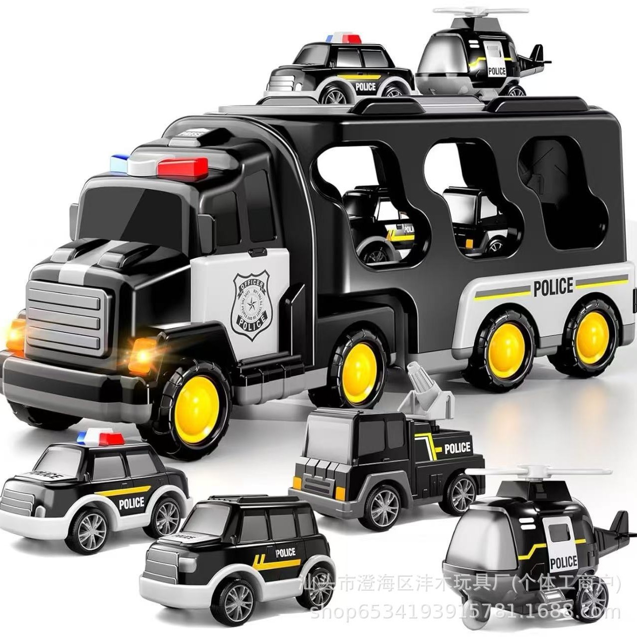 Cross-Border Police Car, Engineering Vehicle, Inertia Pull-Back Light, Music Transport Container, Small Fire Truck, Children's Toy, Swat Digging