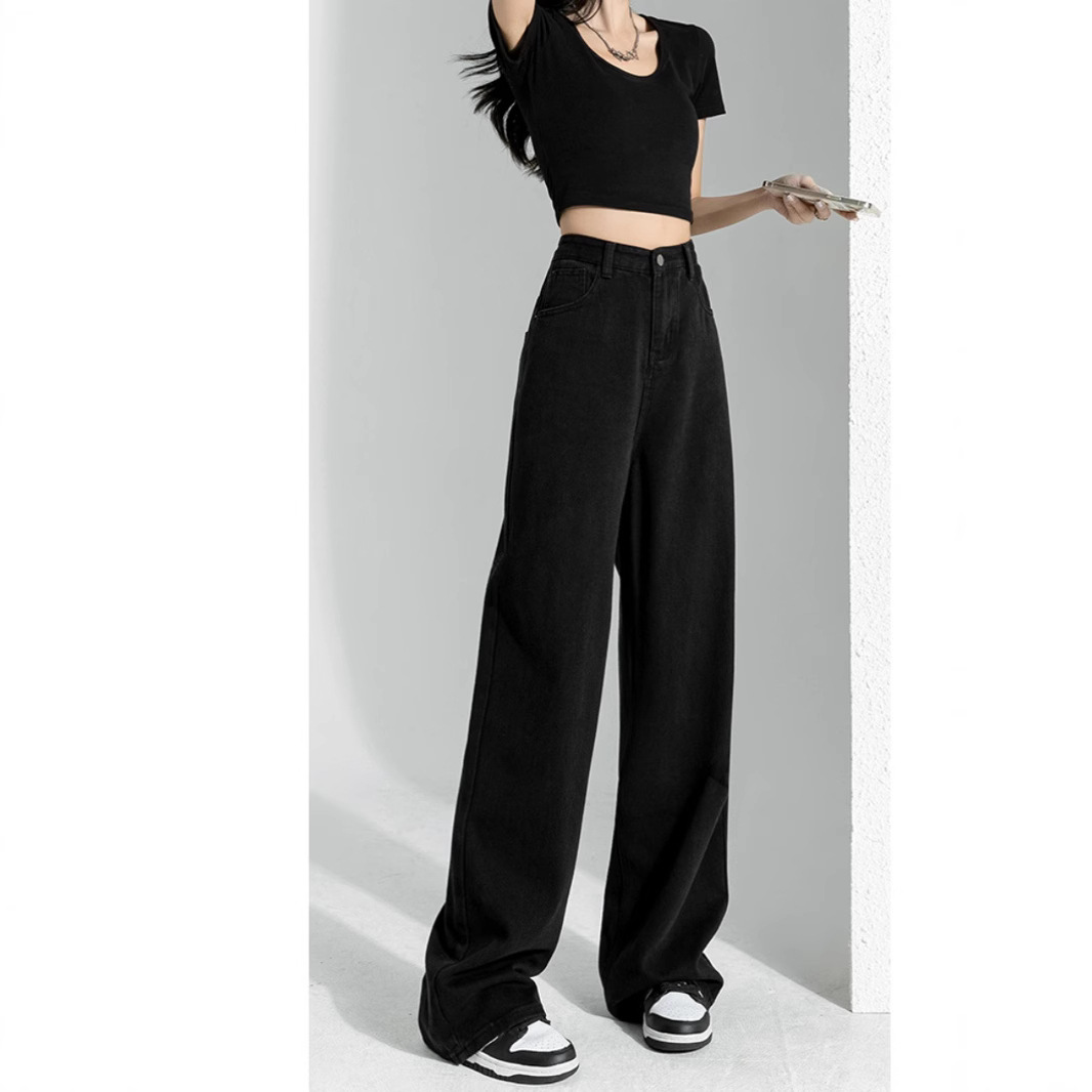 Women's High-Waisted Wide Leg Jeans Black Loose Fit Slimming Spring Style Korean Straight Leg Floor Length Trendy Fashionable_ecoleips.com