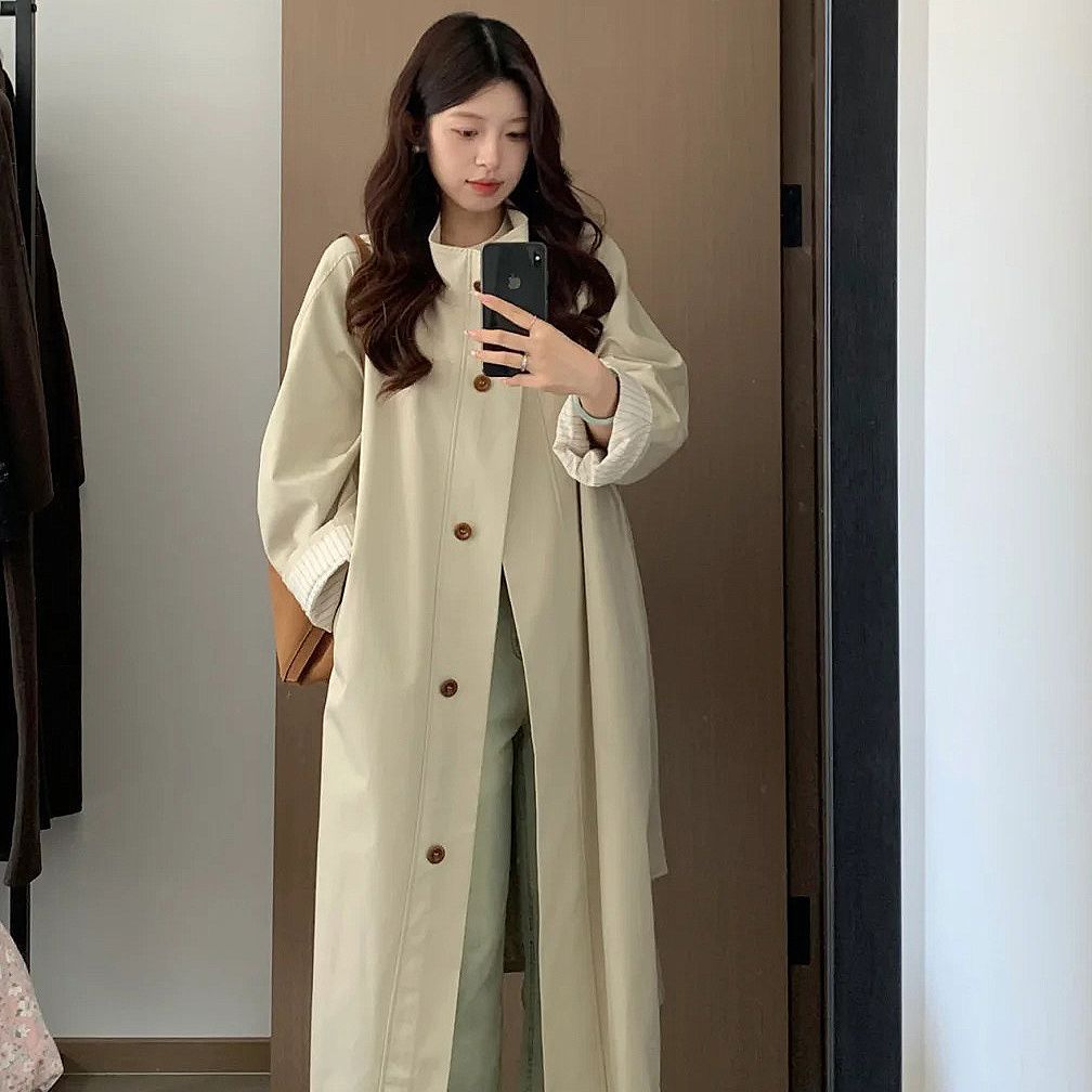 Stand Collar Windbreaker Jacket for Women 2025 Autum New Mid-Length Korean Style Petite Khaki Student Spring and Autum Outwear