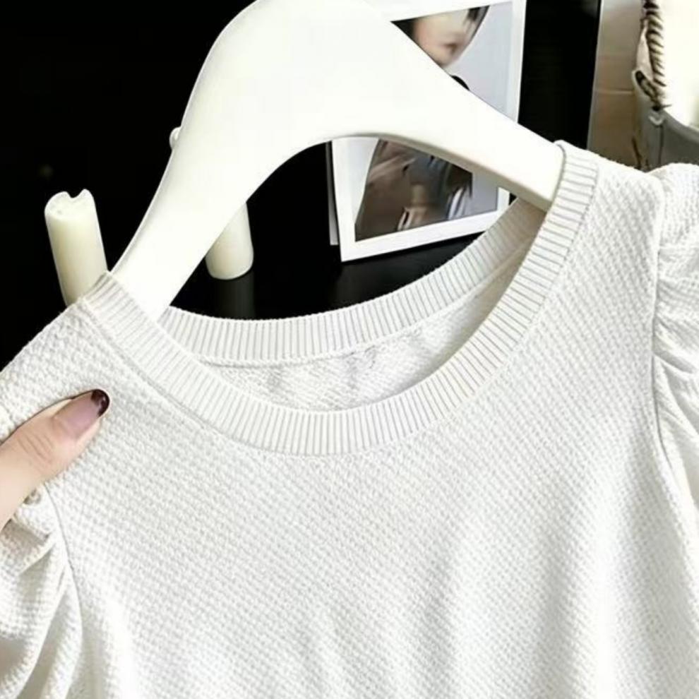 Summer Knitted T-Shirt Women's Loose Top Solid Color Crew Neck Short Sleeve Hollow Out Thin_ecoleips.com