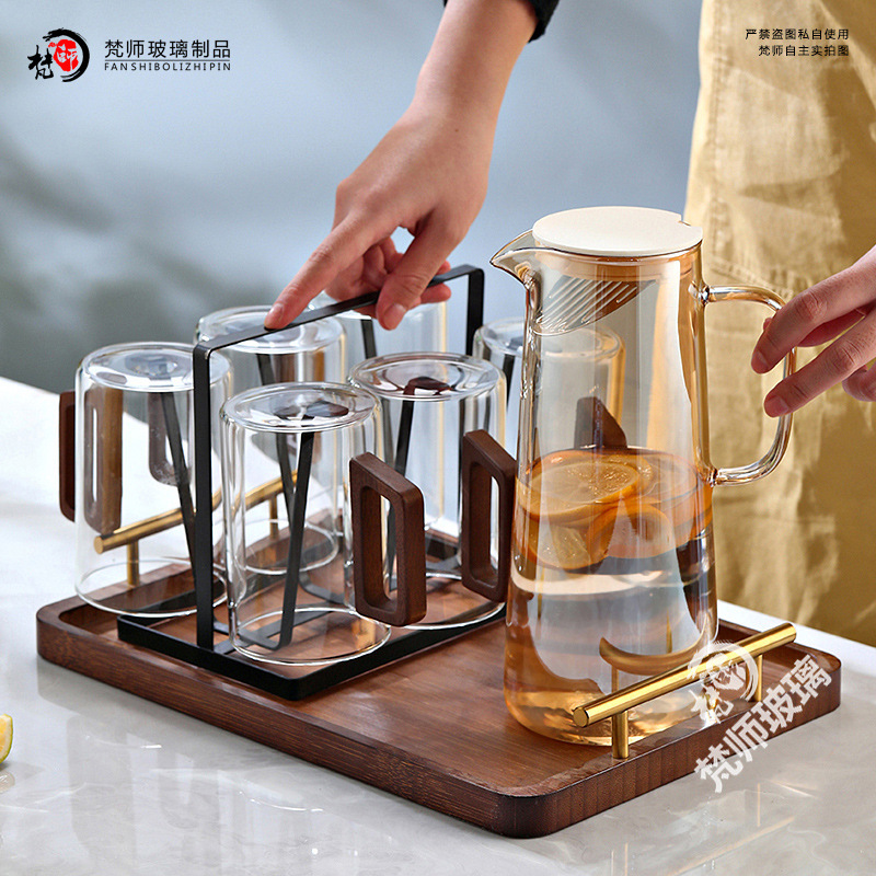 500ml大容量水具套装家用待客喝水杯子透明带木把手高硼硅耐热玻|undefined