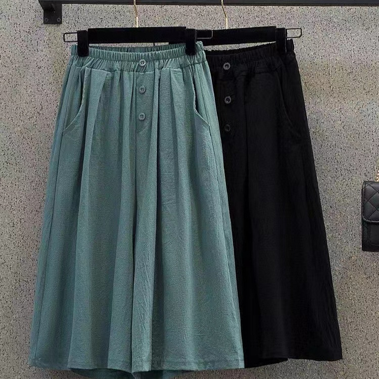Summer plus size fat MM200 kg loose high waist slim meat covering casual Joker wide leg pants cropped pants skirt women's clothing