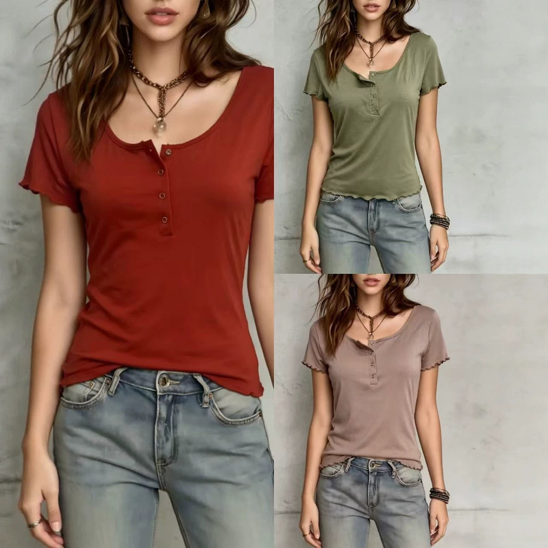 2026 Women's Short Sleeve Henley Shirt Square Neck Button Ribbed Knit Slim Fit T-Shirt Casual Basic Top