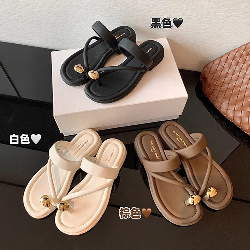 Su Yinyin, el mismo nuevo estilo de burbujas pequeñas cuentas de oro ~ Zapatillas de ocio de playa de suela gruesa con dedos de los pies, sandalias de mujer, uso de verano