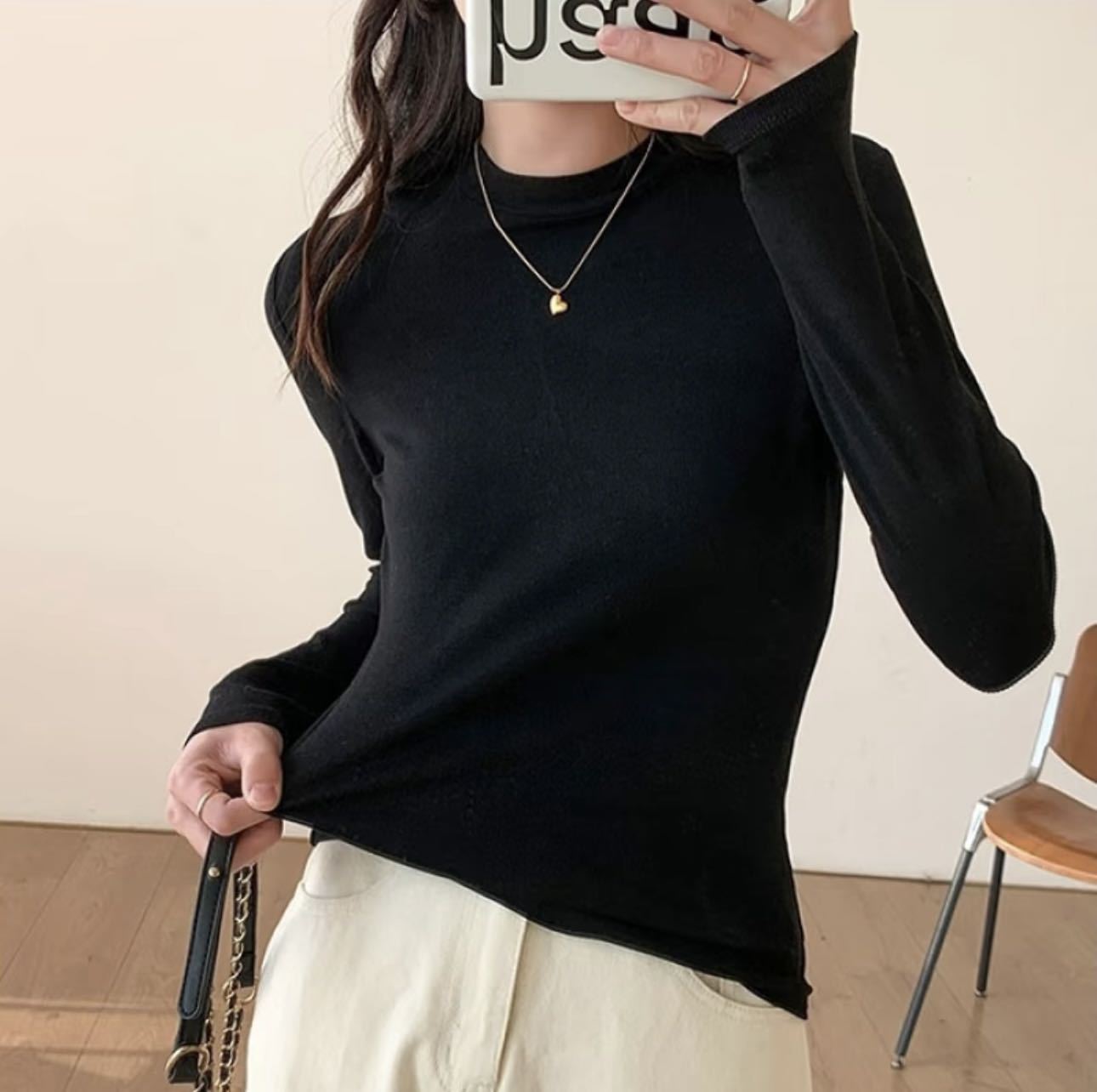 New autumn and winter slim-fit half-high collar white long-sleeve T-shirt for women, knitted base shirt