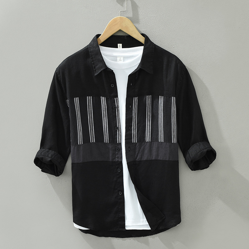 2528 camicia di lino da uomo # 039; camicia casual di tendenza allentata Camicia di lino con maniche corte con cuciture giapponesi una generazione._voghion.com