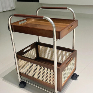 Rattan Trolley Movable Storage Cabinet Medieval Solid Wood Living Room Rack Side Table Tea Sofa Side Cabinet Direct Sales