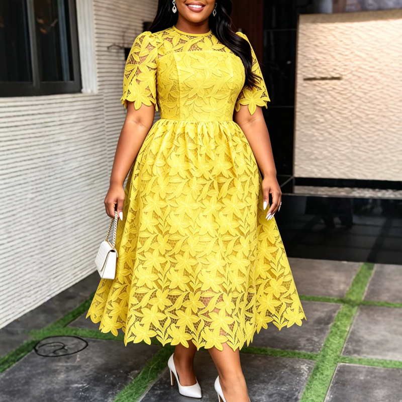 Plus Size Women's Cross-Border Round Neck Cut Out Lace Dress, Elegant Mid-Length Waist Banquet Dress