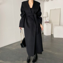 韩国chic优雅气质宽松披肩领系带长款毛呢外套呢子大衣秋冬季女装