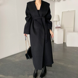 South Korea chic elegant elegant loose shawl collar lace-up long woolen coat woolen coat autumn and winter women's clothing