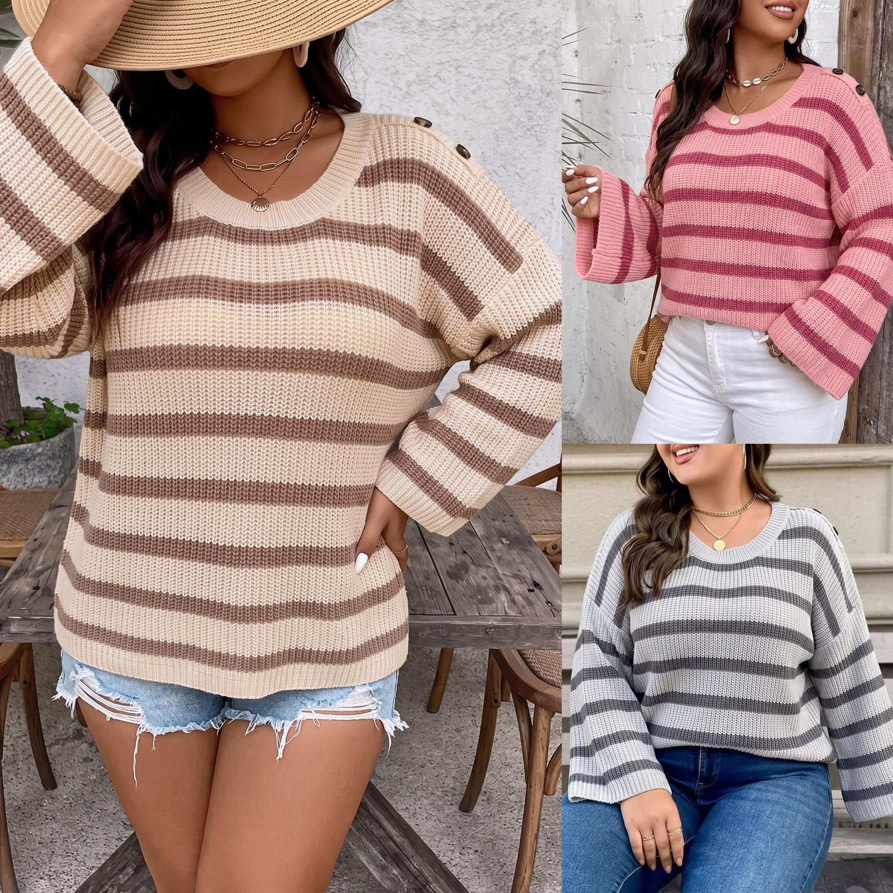 Women's striped top, cross-border European and American plus-size women's clothing, button-decorated, straight sleeves, color-blocking, wide autumn and winter sweater