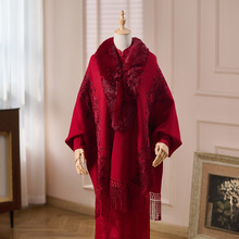 高端喜婆婆喜妈妈披肩大毛领丝绒立体花烫钻连袖斗篷秋冬保暖外套