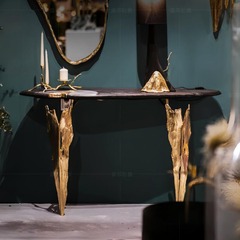 イタリアのライト高級真鍮玄関テーブルハイエンド無垢材ストリップテーブルモダンクリエイティブアートヴィラエントリーウォールコンソールテーブル