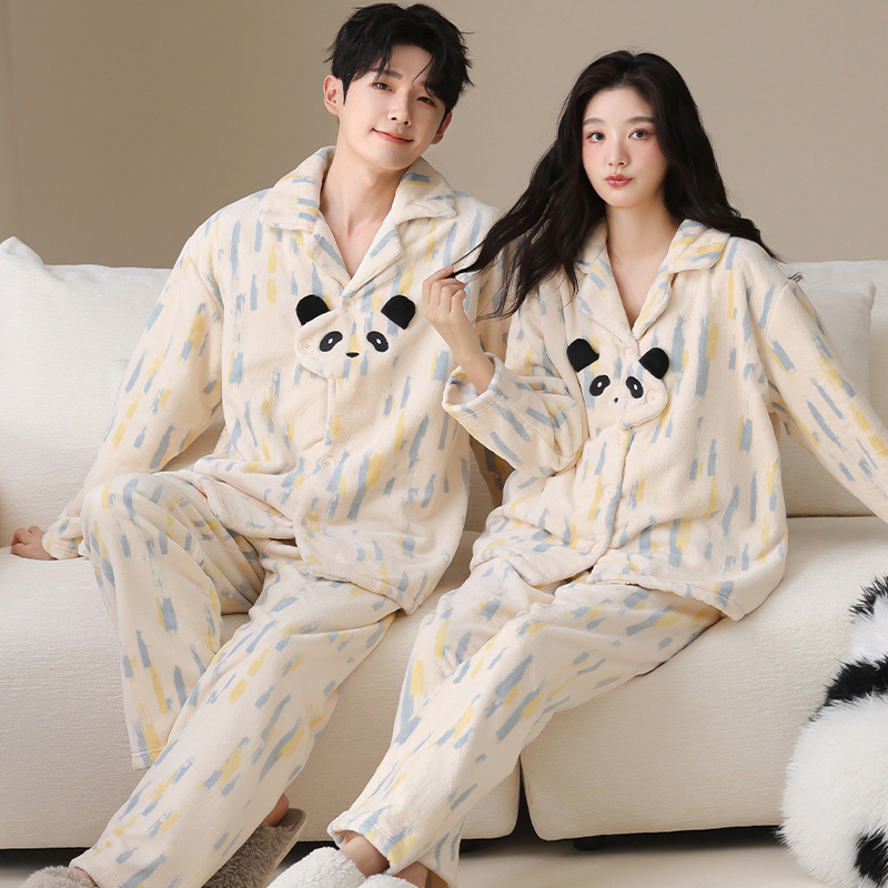 Coral Velvet Couple Pajamas for Men and Women, Autumn and Winter New Style, Velvet and Thickened Cute Home Clothes Set