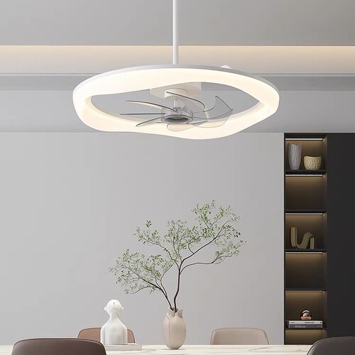 Modern minimalist ceiling fan light for bedroom, cream-colored pendant fan light for dining room, Zhongshan minimal invisible silent smart light