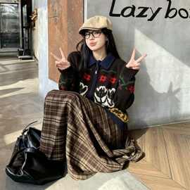 多巴胺翻领拉链长袖毛衣外套女宽松复古韩版叠穿撞色花朵针织开衫