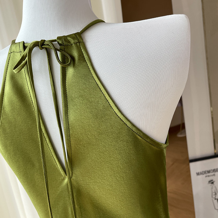 High-End Fashion Acetate Dress Satin Halter Dress Women's Summer Halter Neck Silky Solid Color Long Dress for Socialites