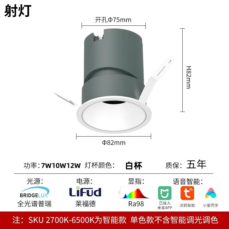 Waterproof spotlight, opening 75mm white cup, 7 watts