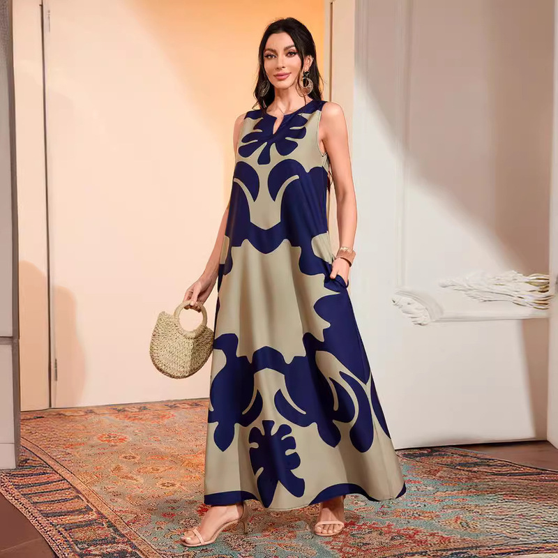Amazon Temu's Popular Retro Casual Printed Long Dress V-Neck Sleeveless Bohemian Women's Dress