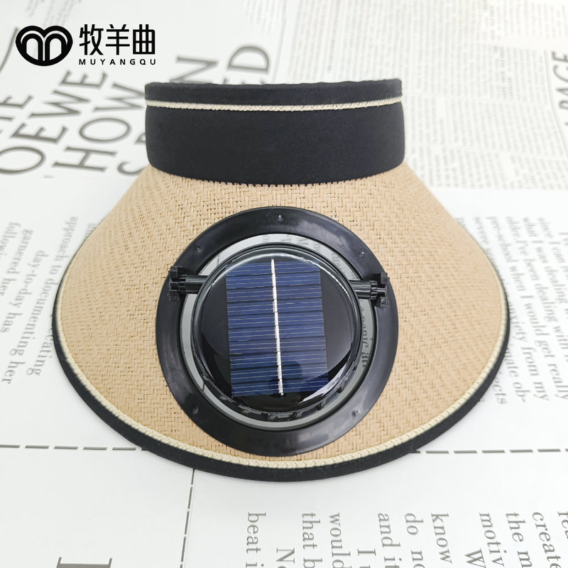 夏季新款草编风扇帽太阳能USB双供电风扇帽户外防晒遮阳空顶帽|undefined