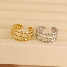 跨境新款三层假珠线条不锈钢戒指小众高级感开口镂空可调节指环女