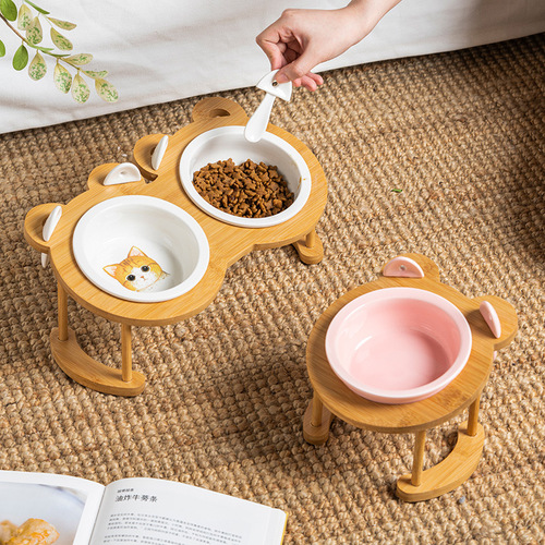 Cat bowl dual bowls cat food tray cat supplies ceramic pet dog food bowl drinking slanted mouth stand cervical protection cat food tray