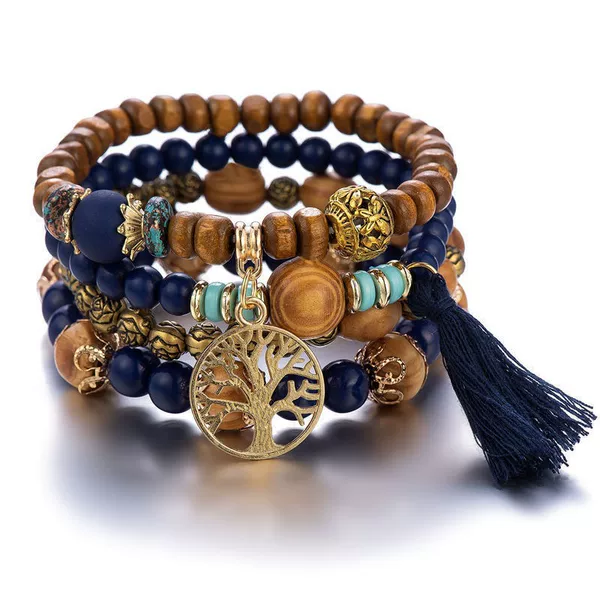 Cross-Border Popular 4-Piece Set of Fashionable Bohemian Style Multi-Layered Life Tree Tassel Wooden Beads Beaded Bracelet Wholesale
