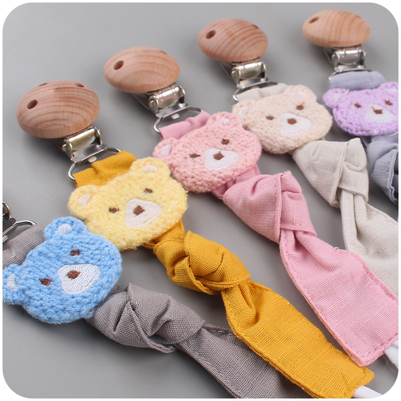 Nueva haya chupete clip de algodón y lino cinta chupete cuerda Oso de dibujos animados Cadena de chupete cadena anti-caída