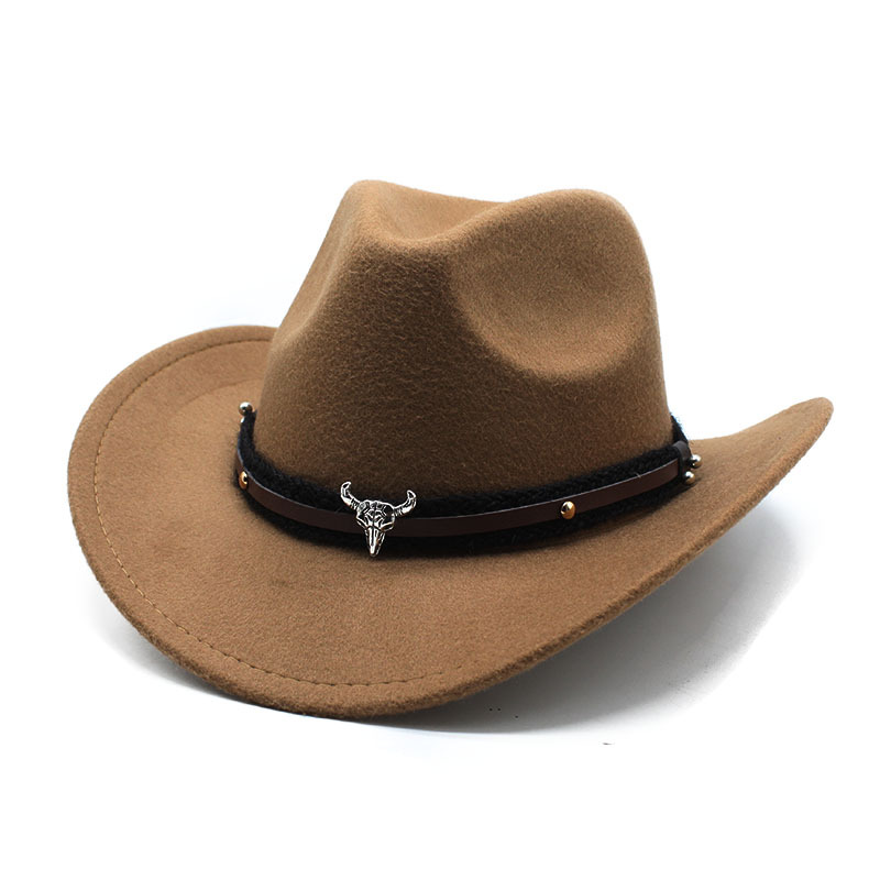 Étiquette tête de taureau en métal, Cowboy occidental, chapeau haut-de-forme en feutre de laine pour hommes et femmes, offre spéciale, automne et hiver_voghion.com