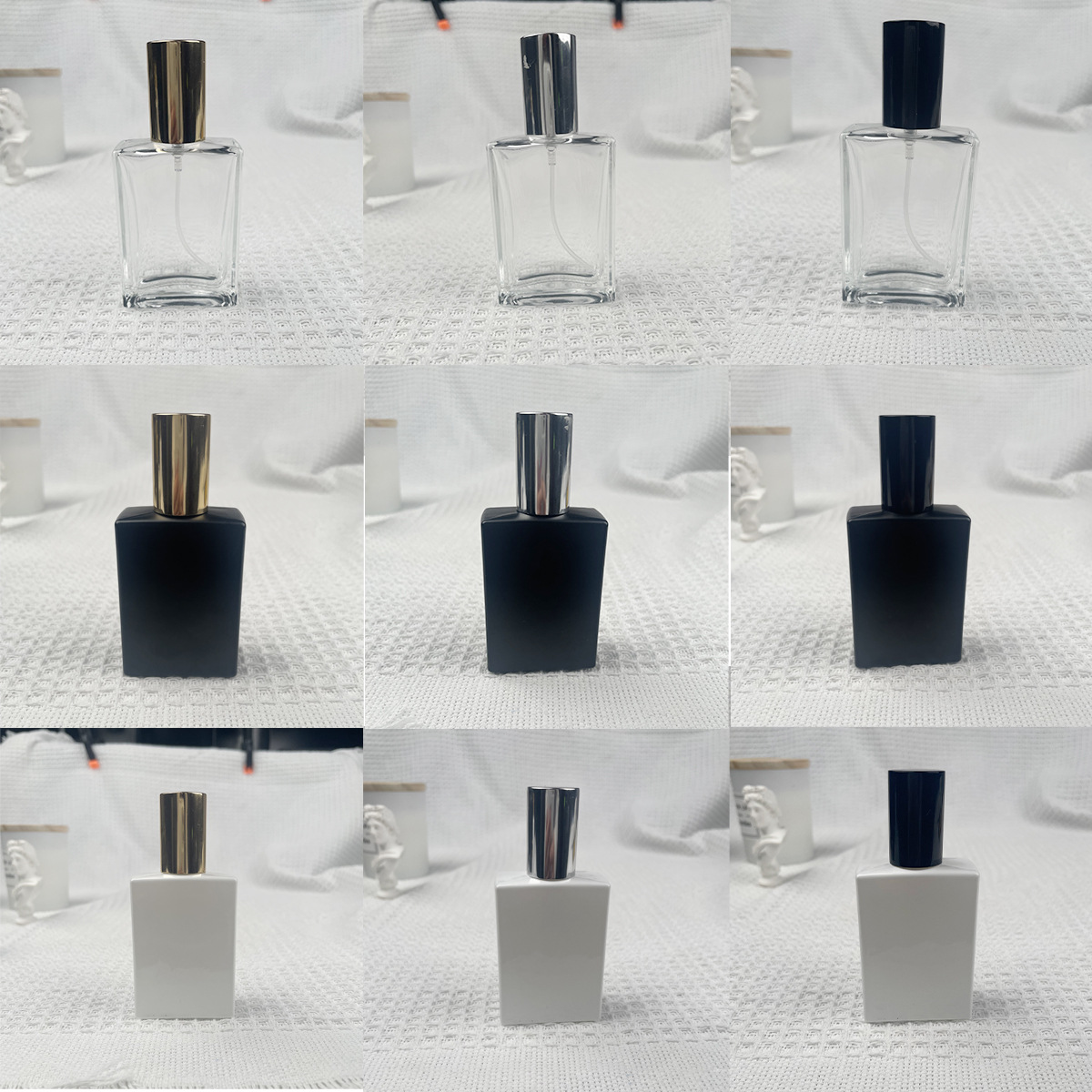 Venta directa de fábrica, botella de perfume de vidrio cuadrada con tapón de rosca de 30 ml y 50 ml, envase de botella vacía para perfume, botella de recarga de perfume, pulverizador fino