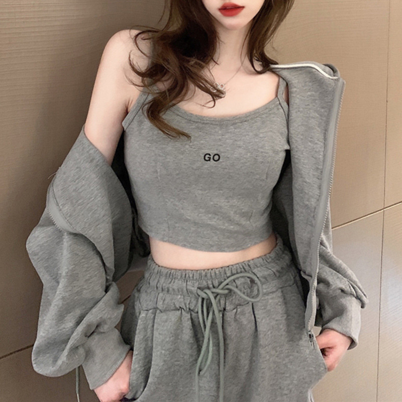 6535棉港风休闲运动套装女短裤拉链卫衣外套吊带春秋三件套潮|undefined