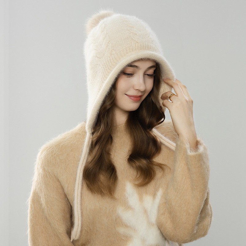 Autumn and Winter Rabbit Fur Knitted Hooded Fur Ball Warm Hat Soft and Comfortable Fashionable Daily Street Hat Girls Hat Wholesale