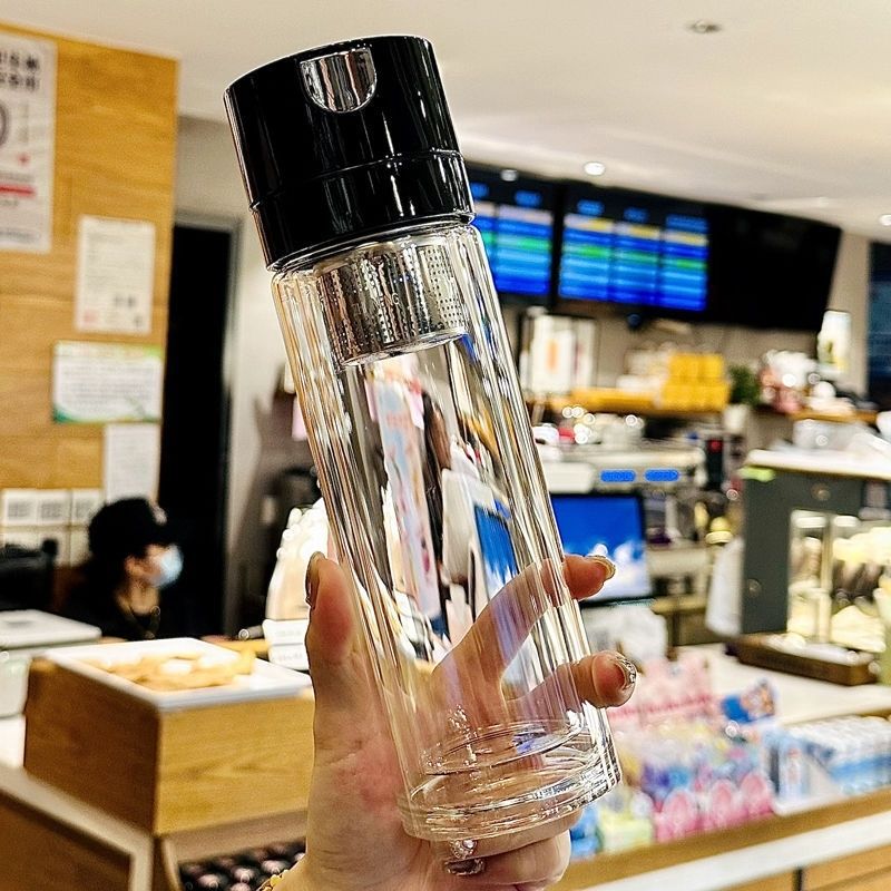 新款一键开盖磁吸速开杯双层高硼硅玻璃水杯车载茶水分离便携水杯