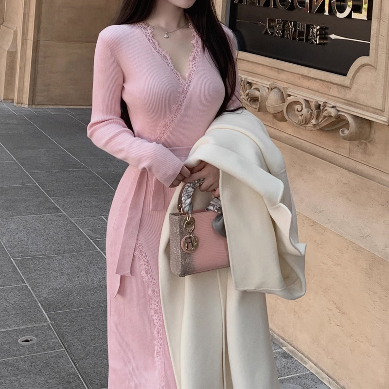 (2개) 히비스커스 원 이슈 올 매치 원피스 프랑스 우아한 레이스 레이스 울 블렌드 니트 원피스 여자 빈티지 틈새