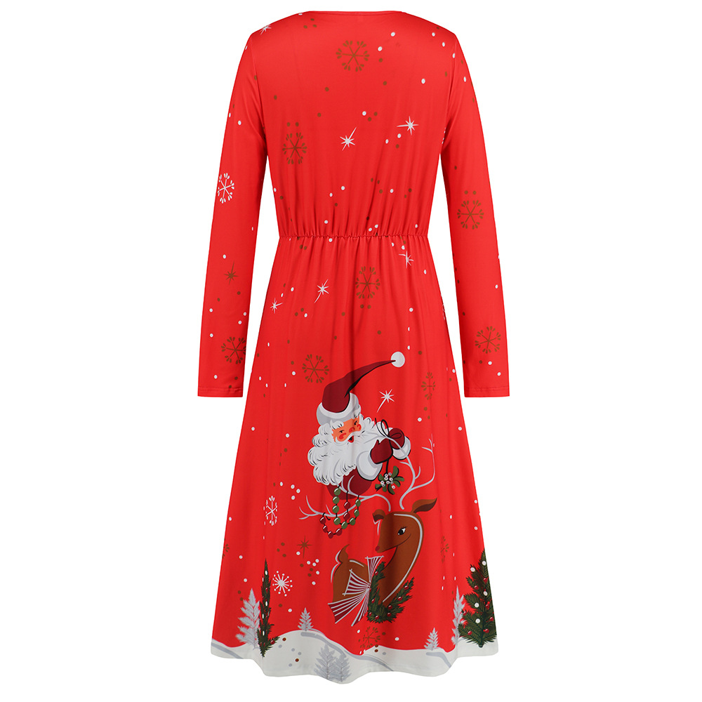 Women V Neck Long Sleeved Christmas Printed Dress Sexy