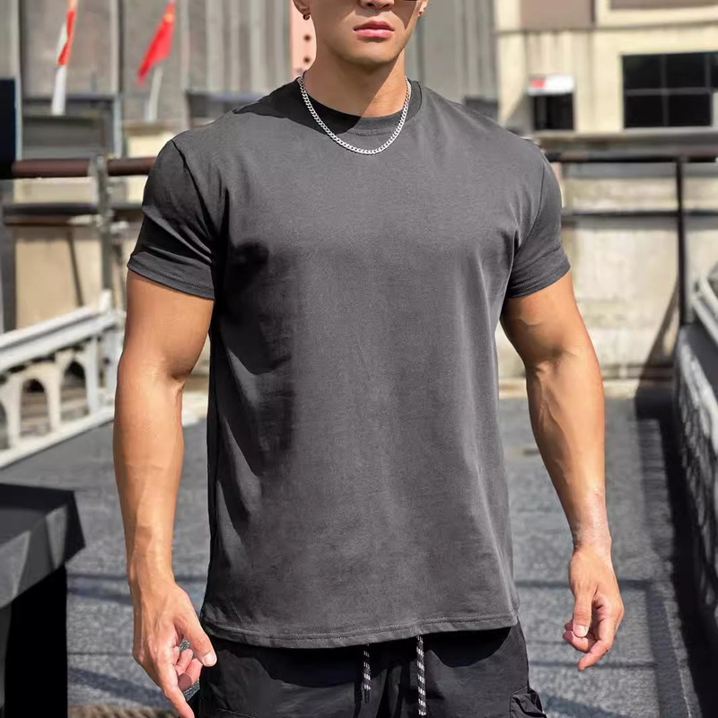 Sports Short-sleeved Men's T-shirt Shoulder Pad Cuff Fitness Running Training Muscle Roll Iron Dog Brothers American Solid Color Tide