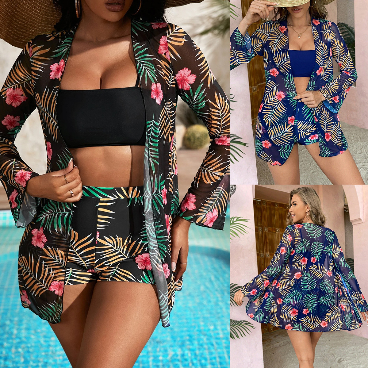 280g Weight Normal Type Panties Style Bra Bra Category Polyester Fabric Type 3 Pieces Set Quantity Fitness, Swimming Pool, Sports Occasion Printing Pattern Women's Gender Women's Printing 3 Pieces Set Bikinis Swimwear 无
