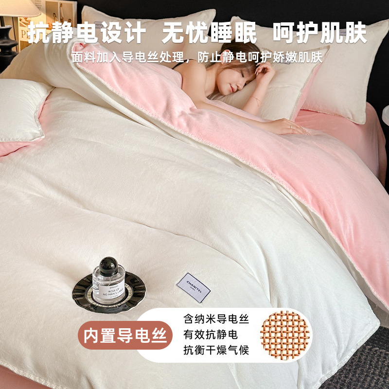Cama de seda de leche de cuatro piezas de invierno de coral de seda de doble cara más cubierta de edredón de seda de invierno dormitorio de tres espesores