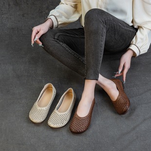 Spring and Summer New Arrival Hand-Woven Women's Single-Layer Shoes with Soft Sole and Soft Surface Retro Artistic Leather Casual Women's Sandals with Holes