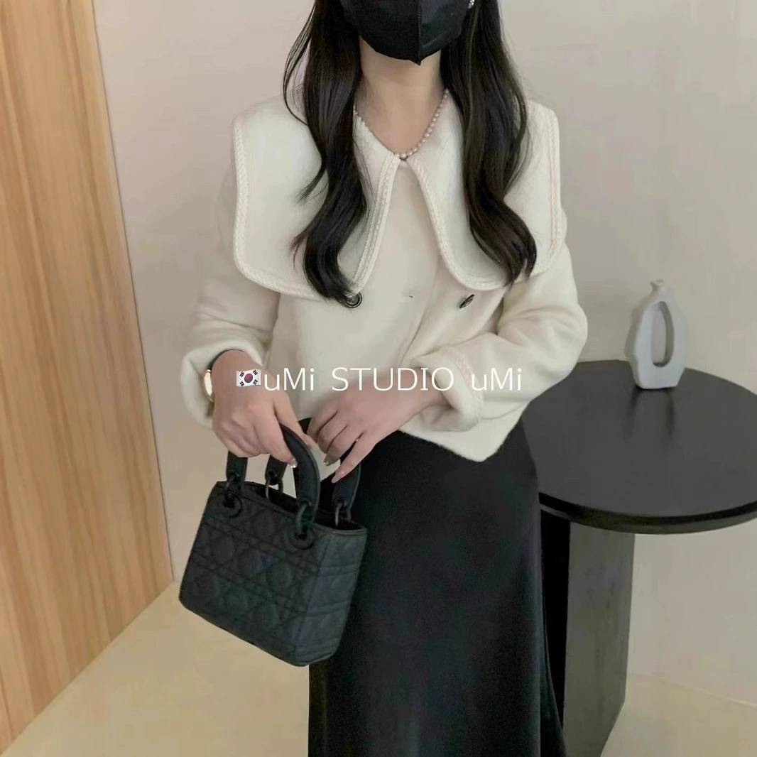 Взрывы интернет-знаменитостей 2023 Новое двустороннее шерстяное пальто с маленьким шерстяным воротником корейское приталенное шерстяное пальто в наличии