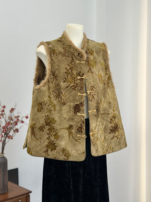 High-End New Chinese Style Mink Fur Vest Round Neck Buckle Chinese Style Outer Wear Real Fur Quilted Vest Thickeneded Top for Women