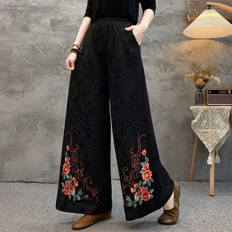 春秋复古妈妈阔腿裤新款刺绣棉麻绣花民族宽松高腰中老年裤子长裤