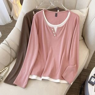 240kg plus size Jacket Design Feeling Temperament Comfortable Joker Lazy Contrast Color Fake Two Loose Knitted T-Shirt 3476