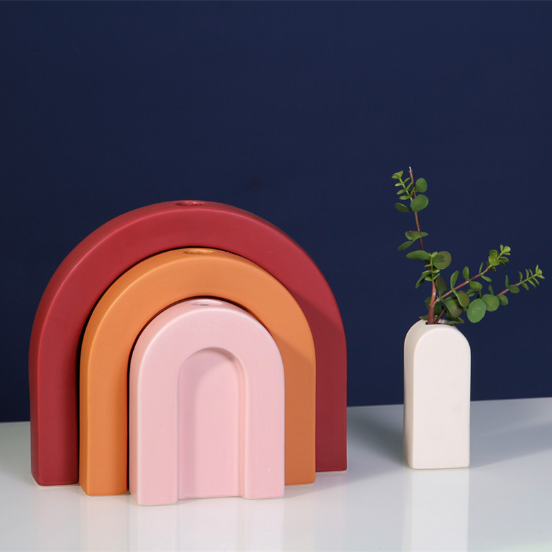 Estilo nórdico ins florero de cerámica arreglo floral flor seca simple creativo forma de arco iris decoración de flores sala de estar decoración del hogar