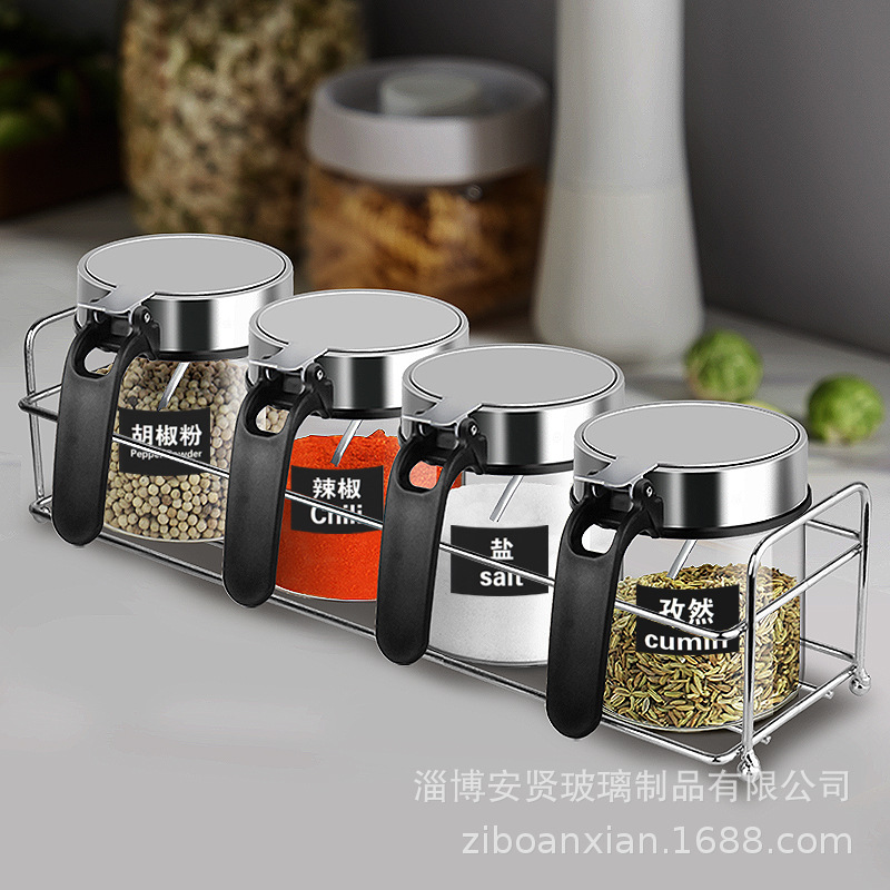 Condimento botella traje de acero inoxidable caja de condimentos de vidrio frasco de sal con cuchara combinación de cocina grande a prueba de humedad