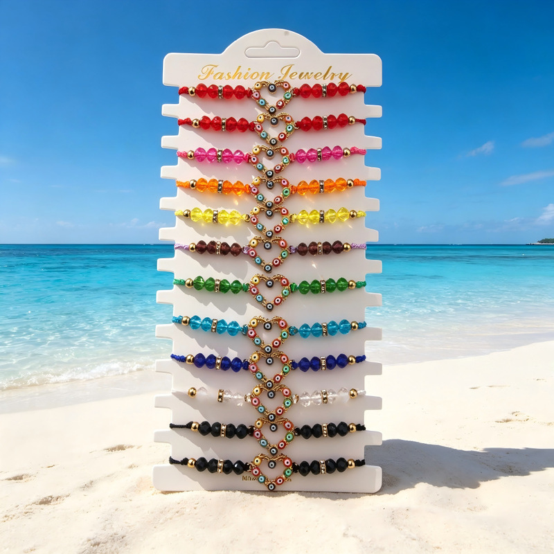 Xiyin Jewelry 12-Piece Card-Packed Colorful Crystal Bead Evil Eye Bracelet, Fashionable Turkish Evil Eye Bracelet
