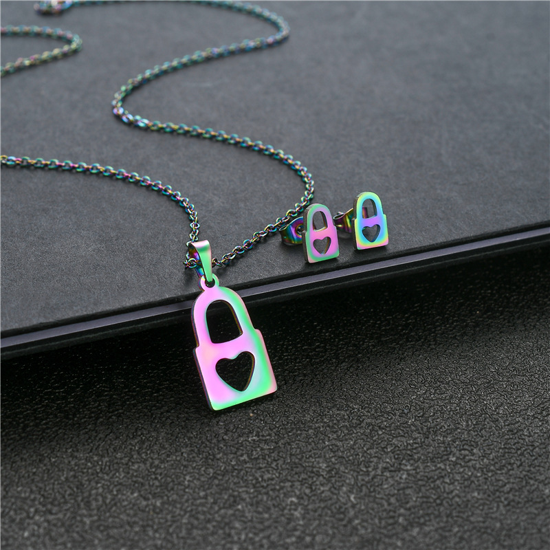 hip hop colorful stainless steel clavicle chain earrings set female colorful concentric lock item