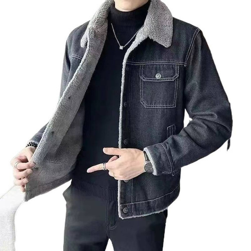 Men's Fleece-Lined, Thickened, Cold-Resistant, Warm, and Wear-Resistant Denim Jacket—Trendy Men's Clothing with Lamb Wool, Lapel Design for Winter