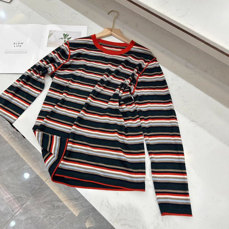 [in Stock] Niche Designer Brand Striped Pure Wool Color-Block Casual Slimming Versatile Knitted Top