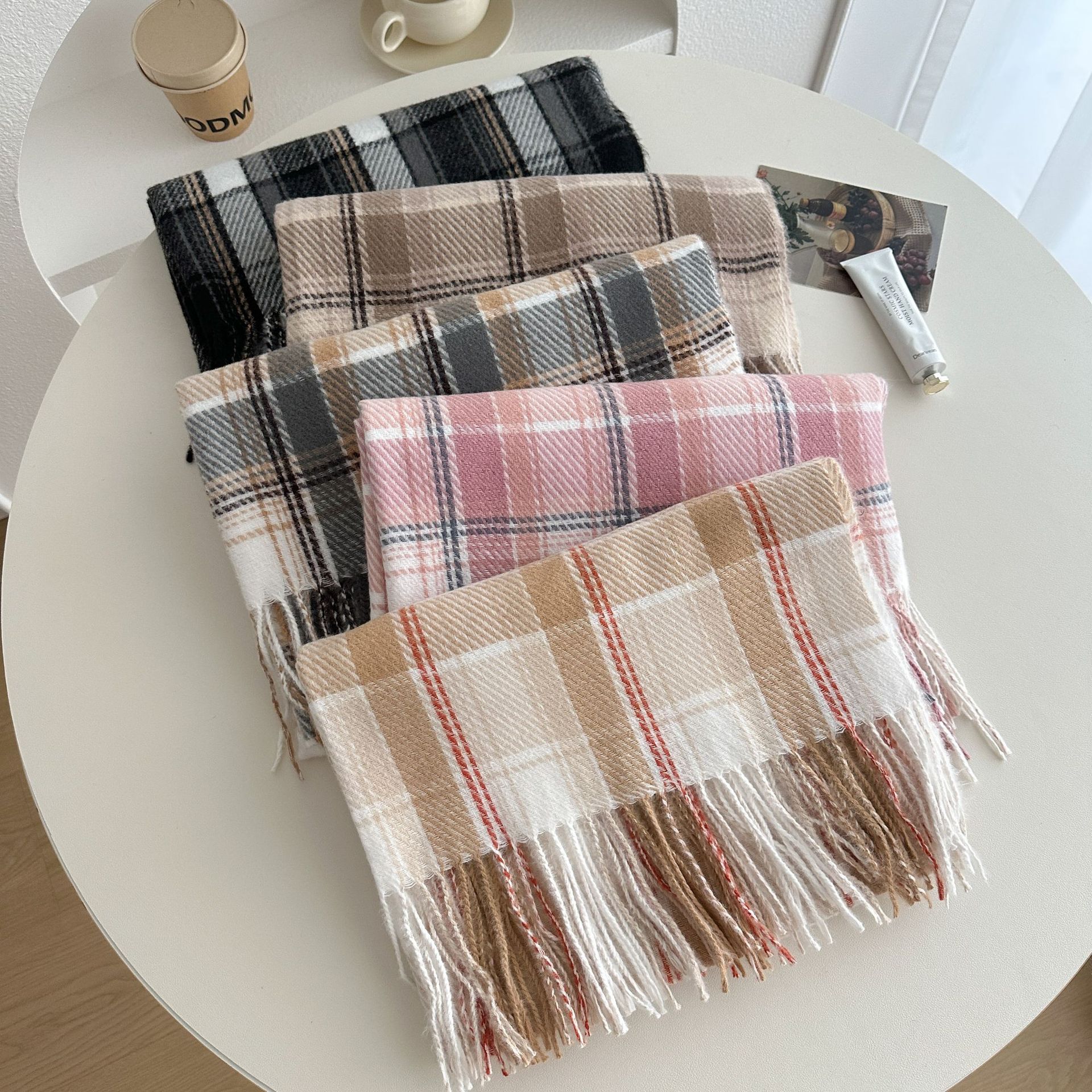Bufanda de Cuadros Rosa con Flecos de Imitación Cachemira Térmica para Invierno